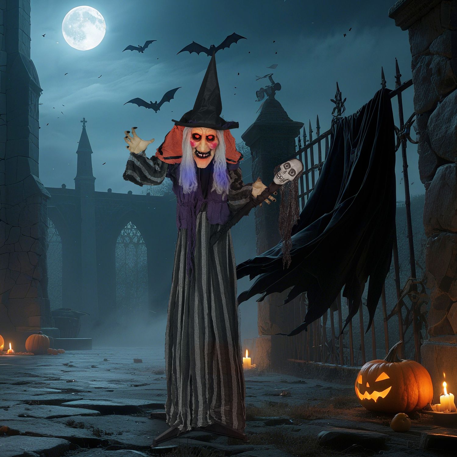 Halloween-häxdekoration, 160 cm, LED-lampor, ljud