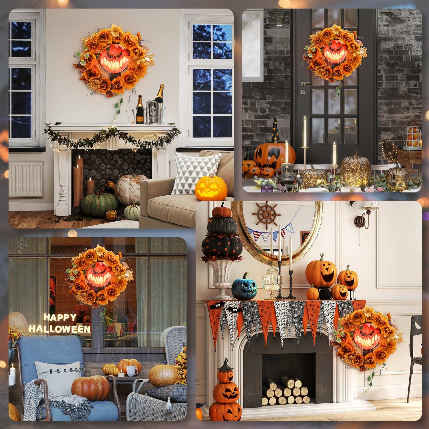 Halloweenkrans, pumpadesign, höstlöv, LED-effekter