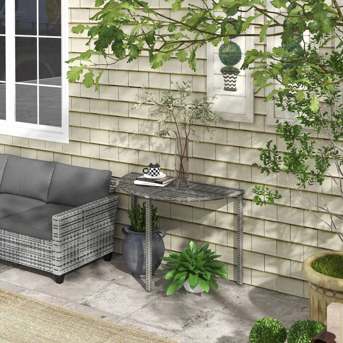 Halvrundt grått polyrattan trädgårdsbalkongbord, 100x50x74 cm