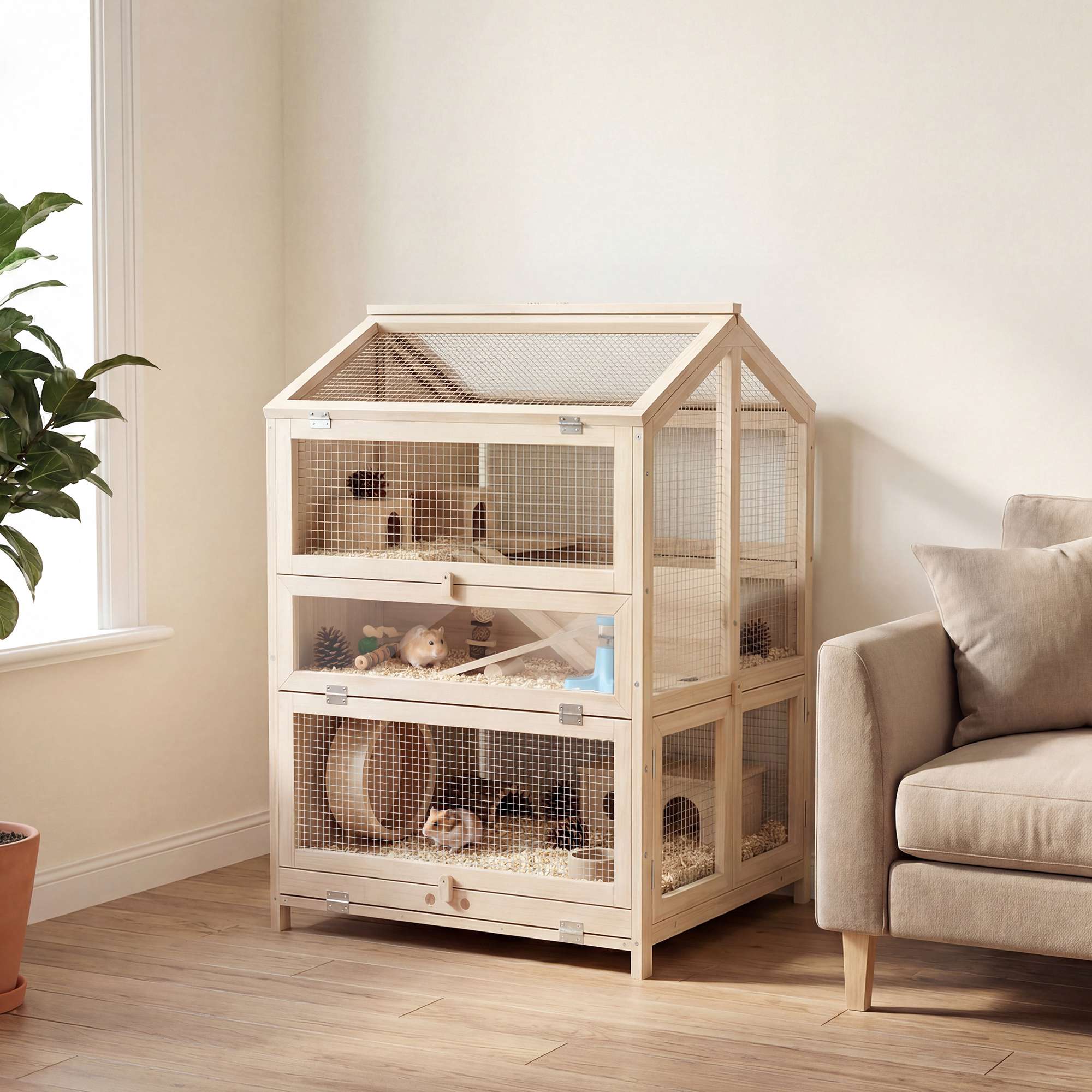 Hamsterbur, 3-vånings trähabitat med ramper, 68x61,5x90 cm