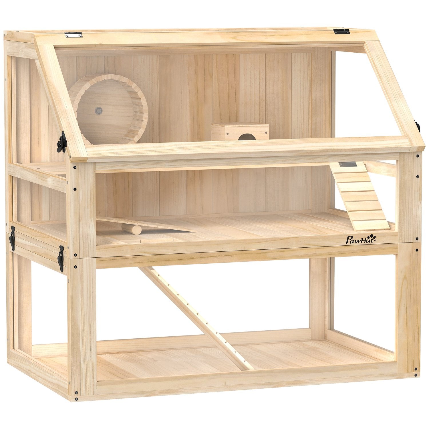Hamsterbur, 3-vånings trä med leksaker, 80x50x76 cm