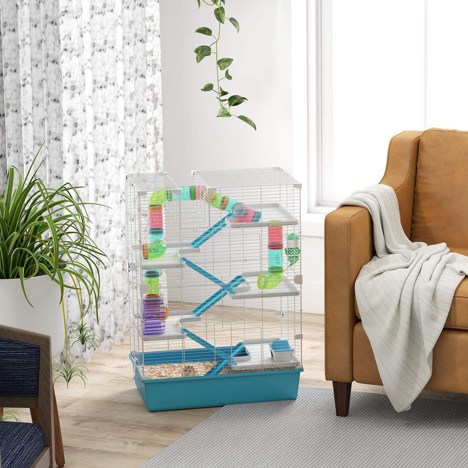 6-vånings hamsterbur med tunnlar och tillbehör, 58x36x81 cm
