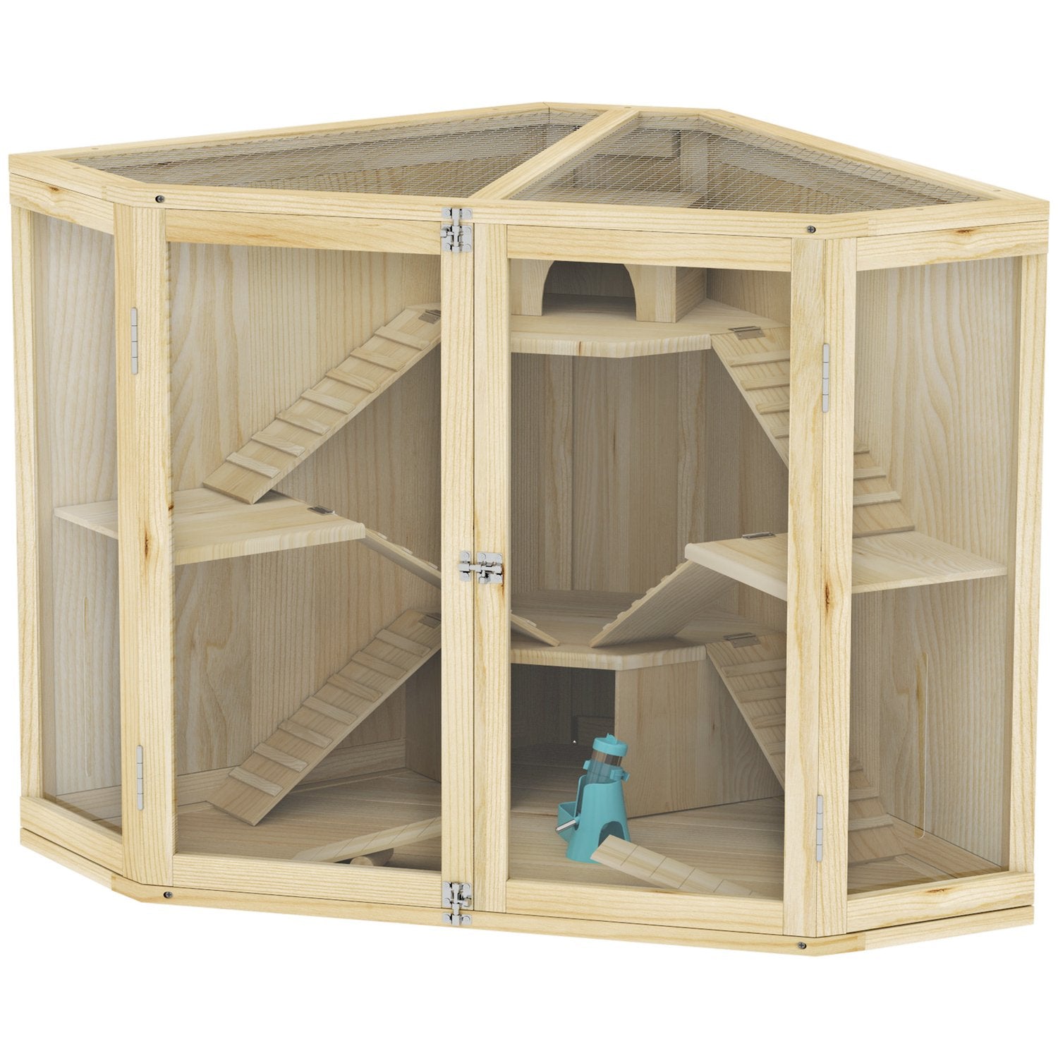 Hamsterbur i trä med ramp och hyddor, 4 nivåer