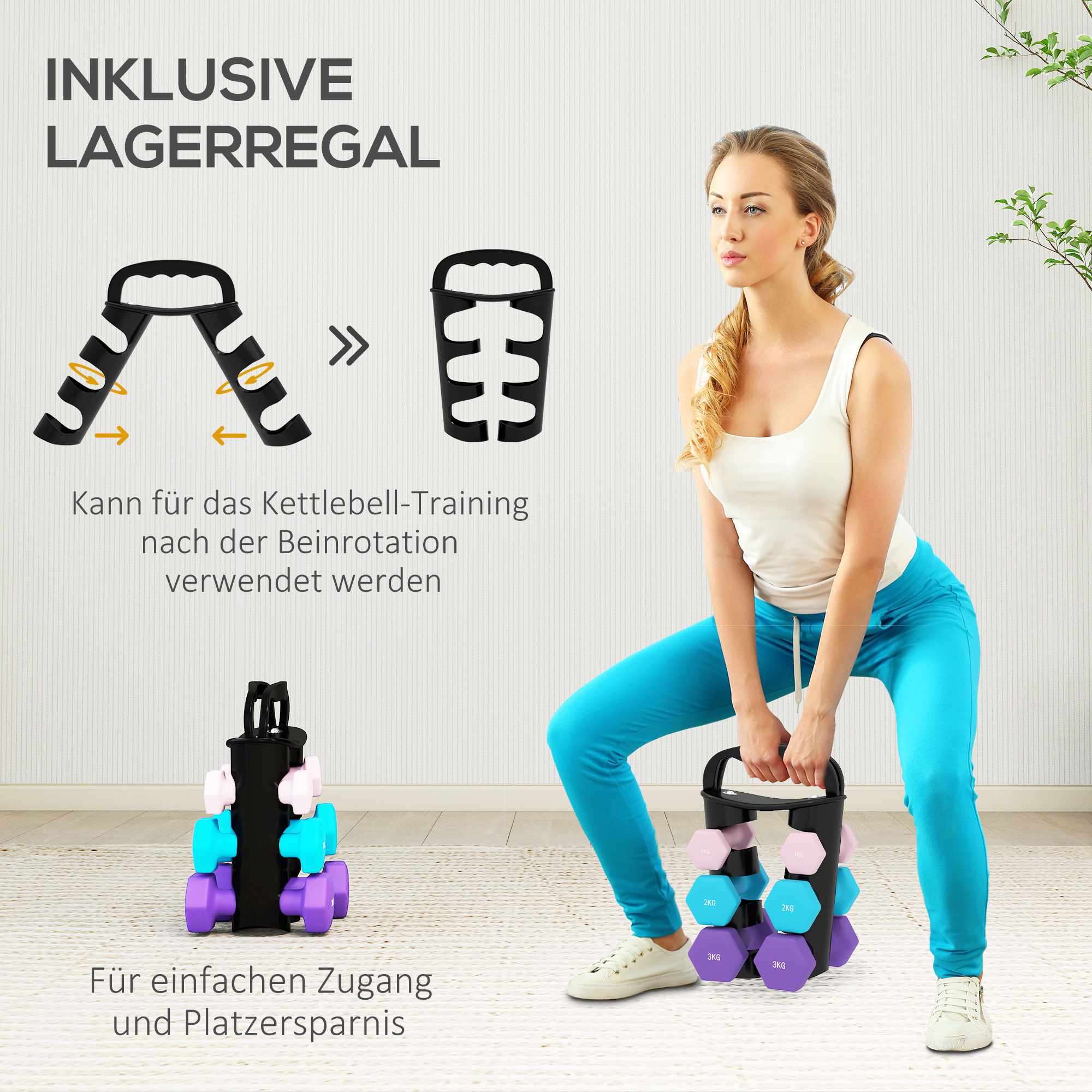 Hantelset med ställ, 6 vikter: 1 kg, 2 kg, 3 kg