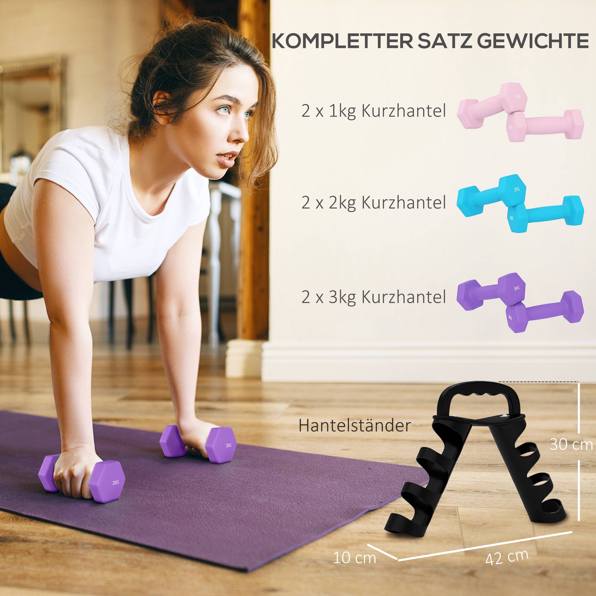 Hantelset med ställ, 6 vikter: 1 kg, 2 kg, 3 kg