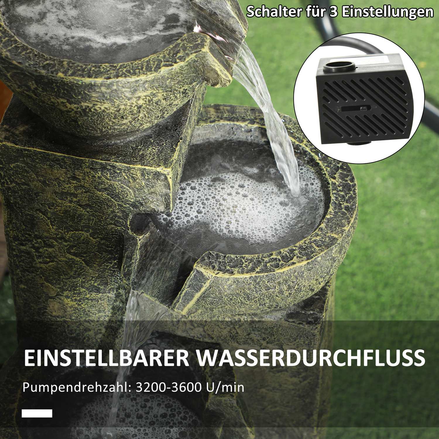 Hartsträdgårdsfontän – justerbar 4-stegs vattenfallsfunktion