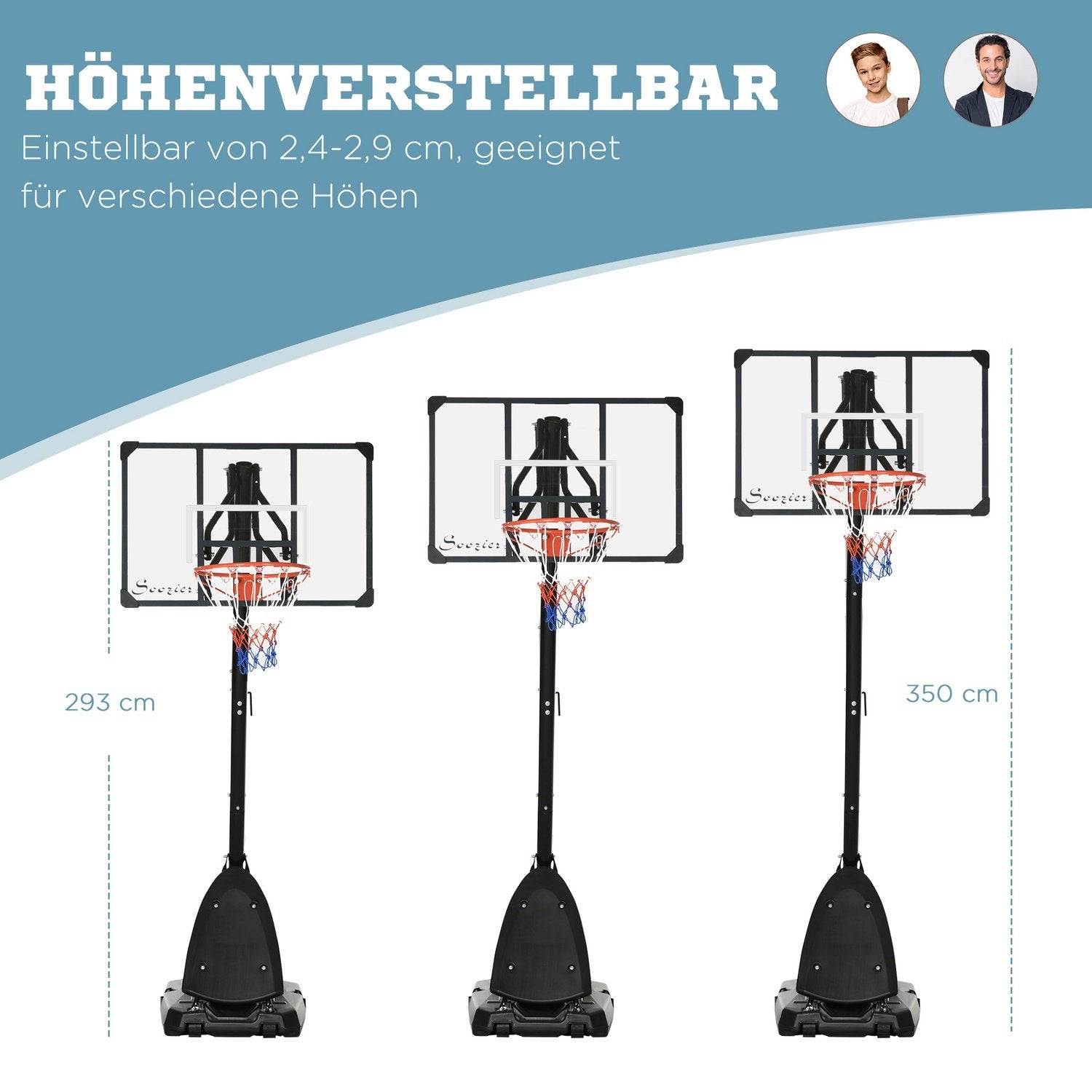 Høydejusterbart basketballstativ 293-350 cm Rullbart basketballstativ i stål