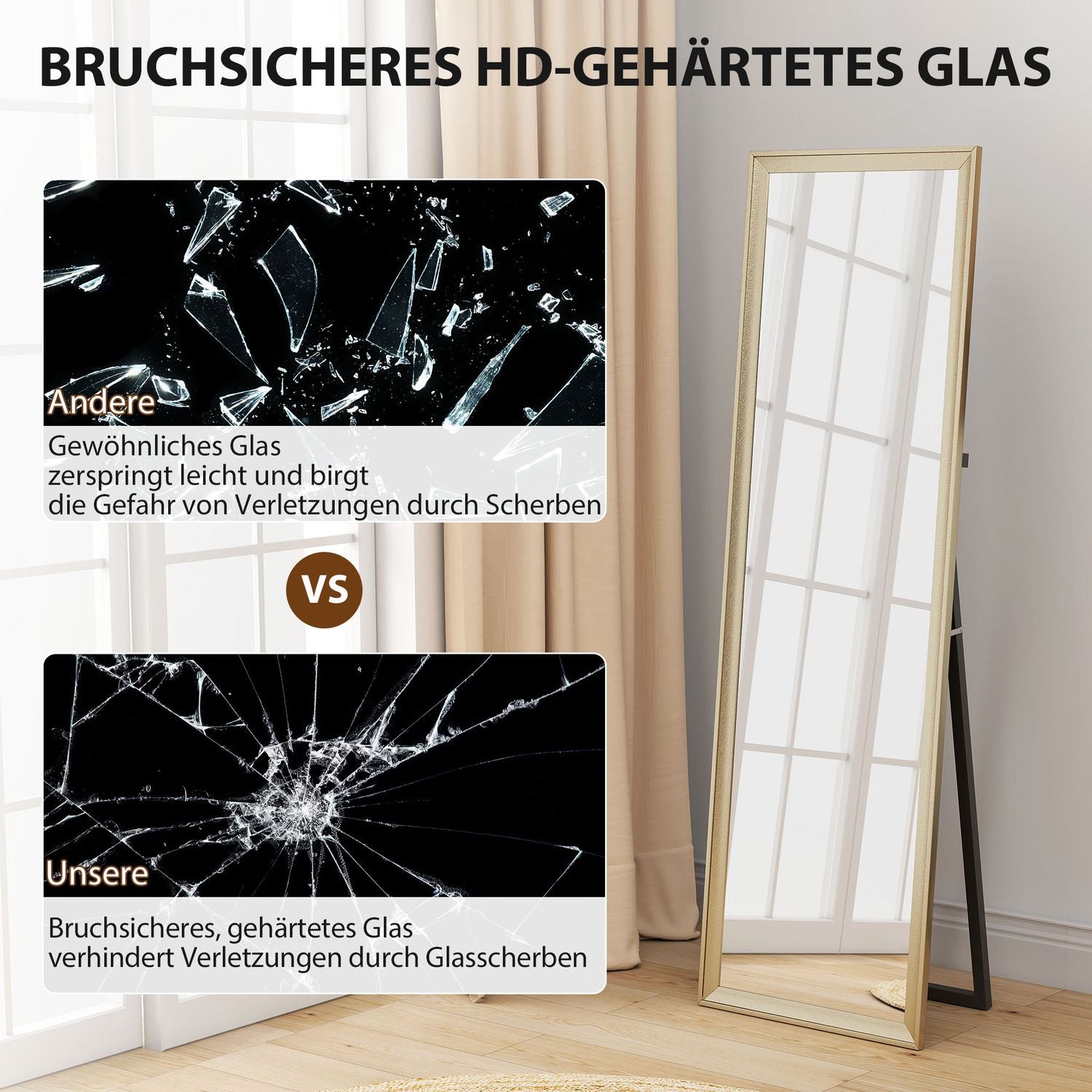 Helkroppsspegel, flexibel placering, 160x50 cm, guld