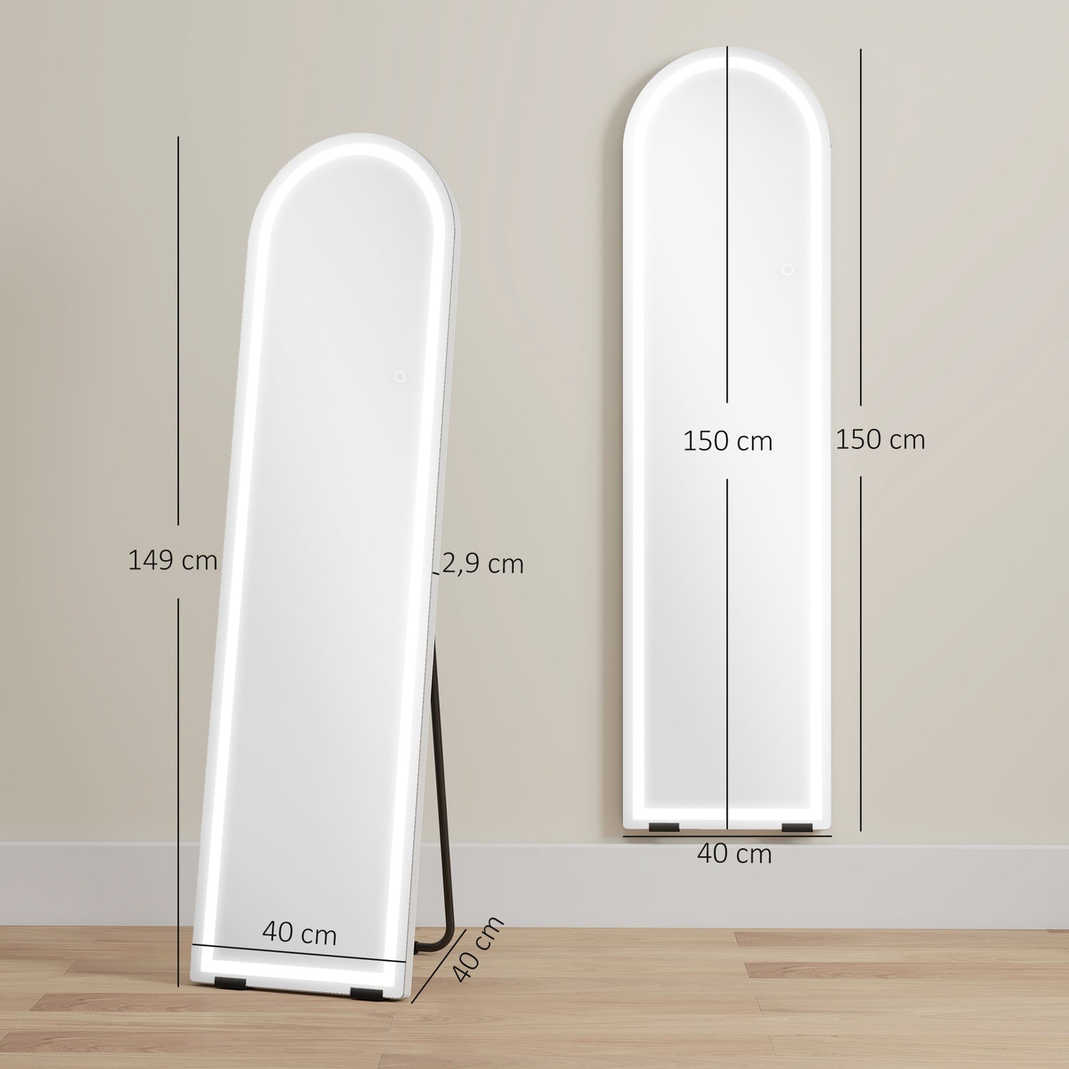 Helkroppsspegel med LED-lampor, 150x40 cm, dimbar