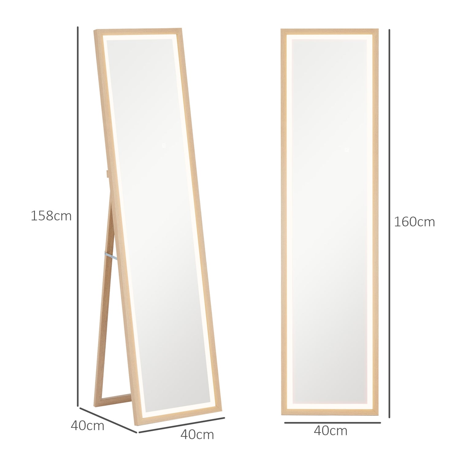 Hellängd LED-spegel, 40x160 cm, Touch Control, Ek