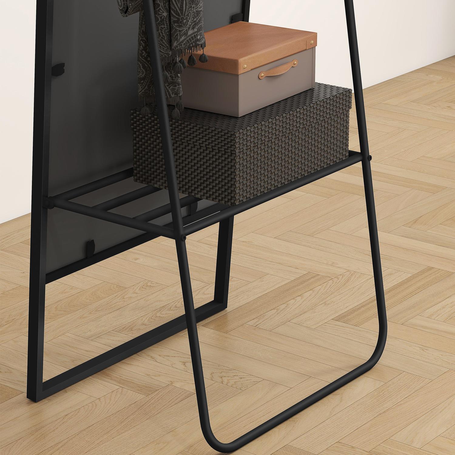 Hellängdsspegel med hylla & krokar, svart, 157x50 cm