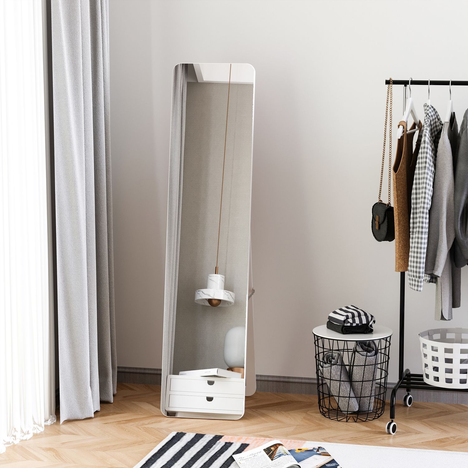 Hellängds stående spegel, hopfällbar ram, väggmonterbar