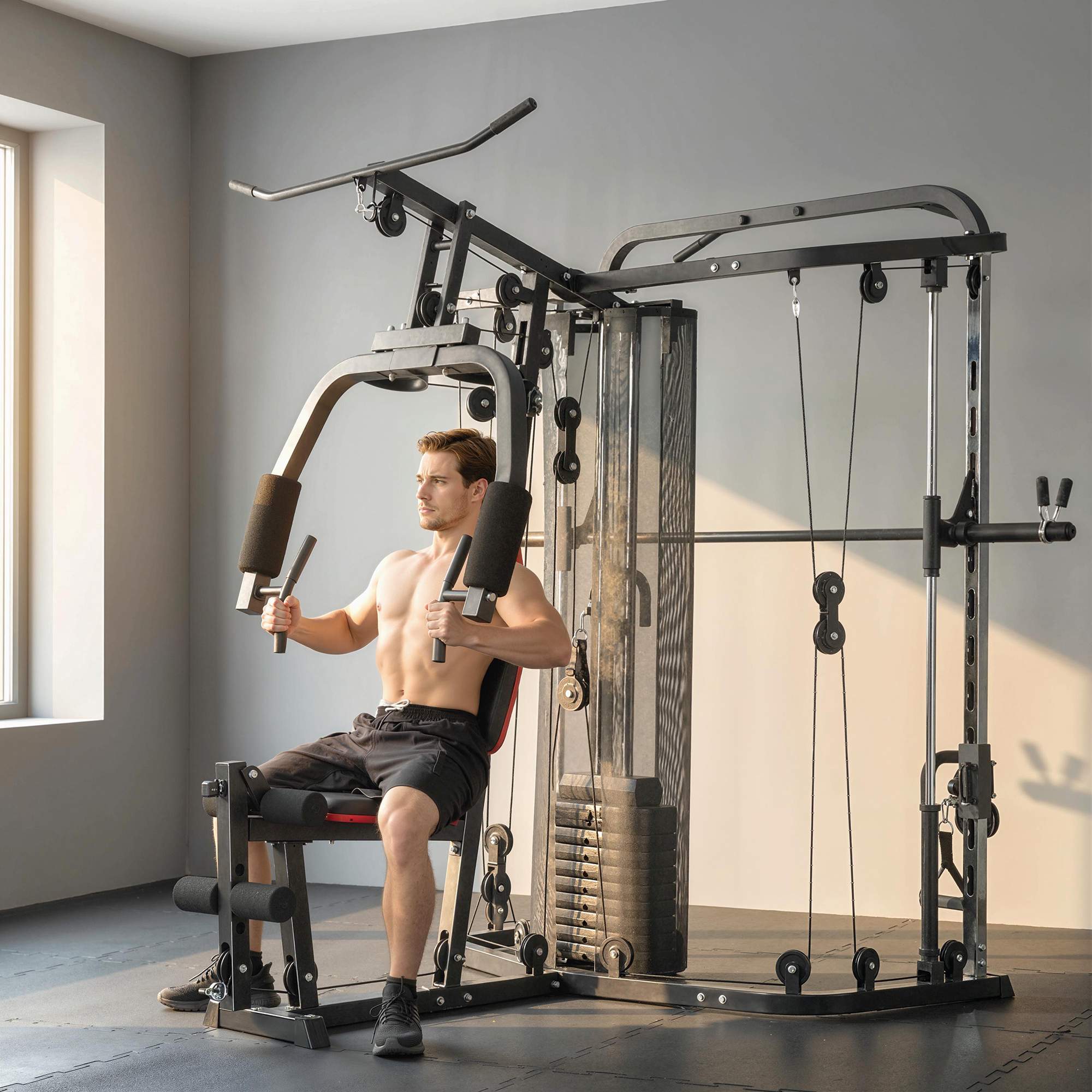 Hemmagymstation med 65 kg vikter, latsdrag och Preacher Bench