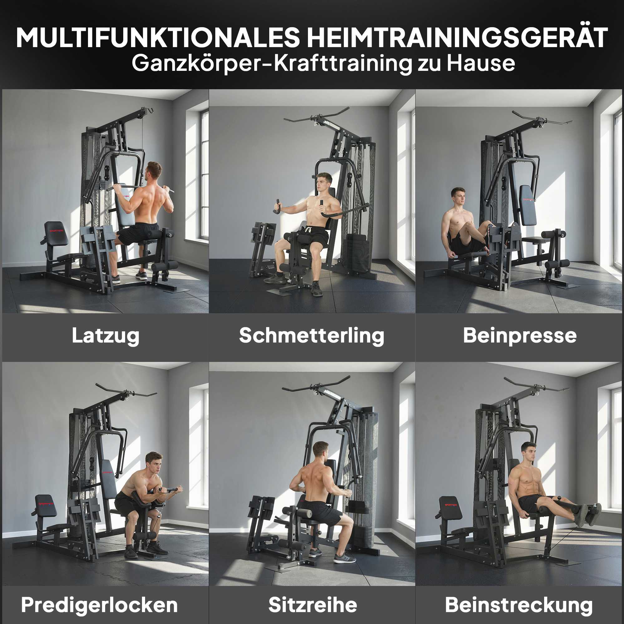 Hemmagymstation med benpress, justerbar sits, 65 kg vikter