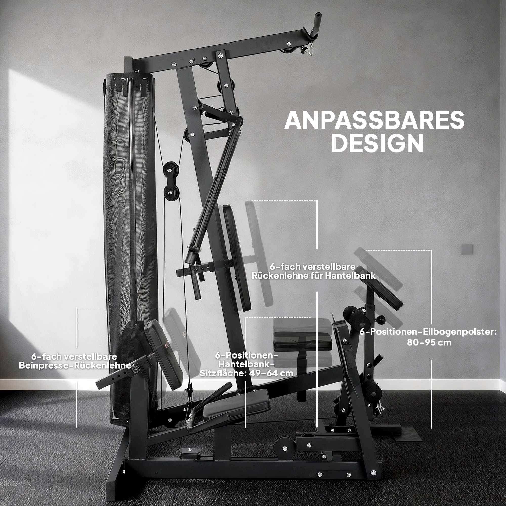 Hemmagymstation med benpress, justerbar sits, 65 kg vikter