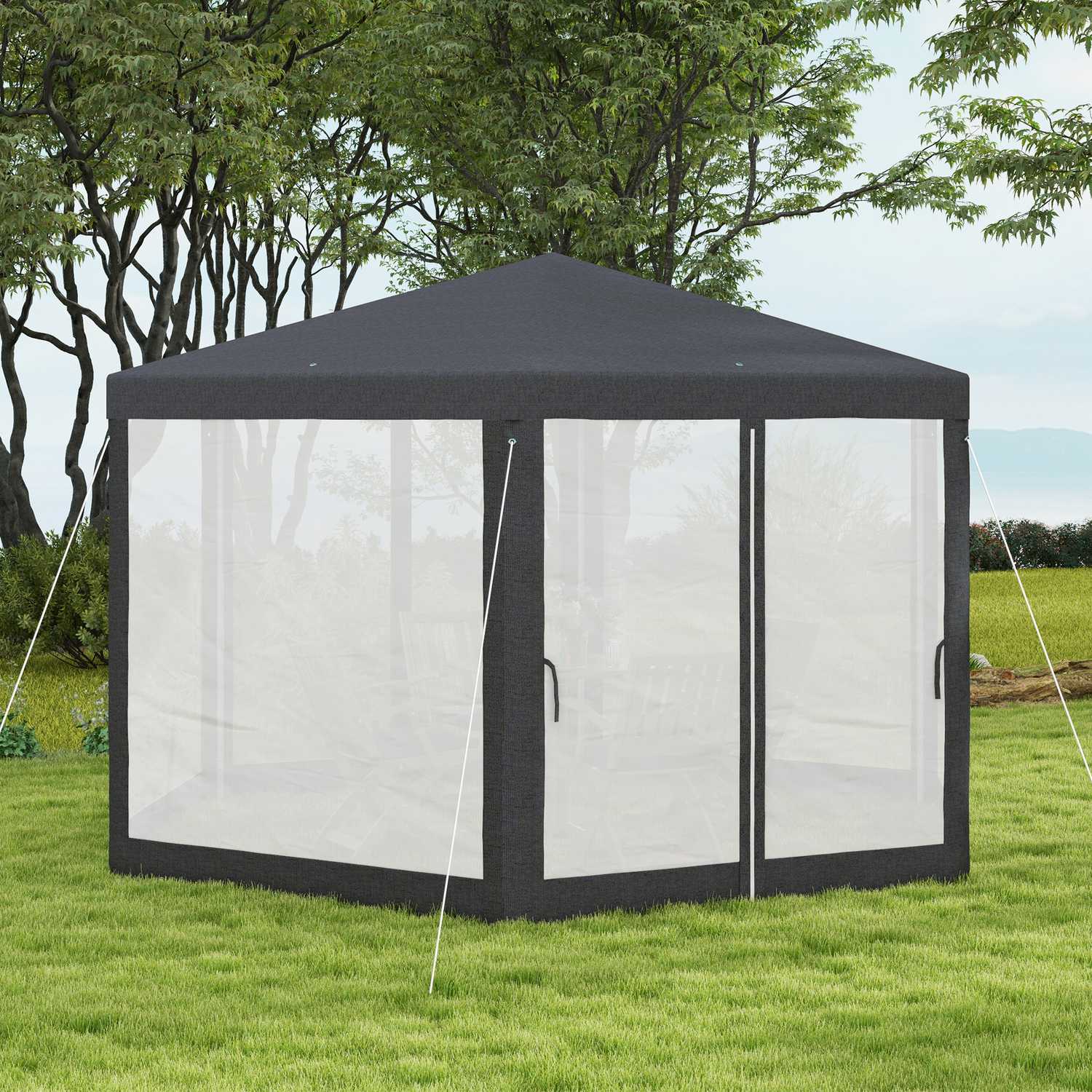 Hexagonal 4x4m paviljong, polyester & metall, med myggnät