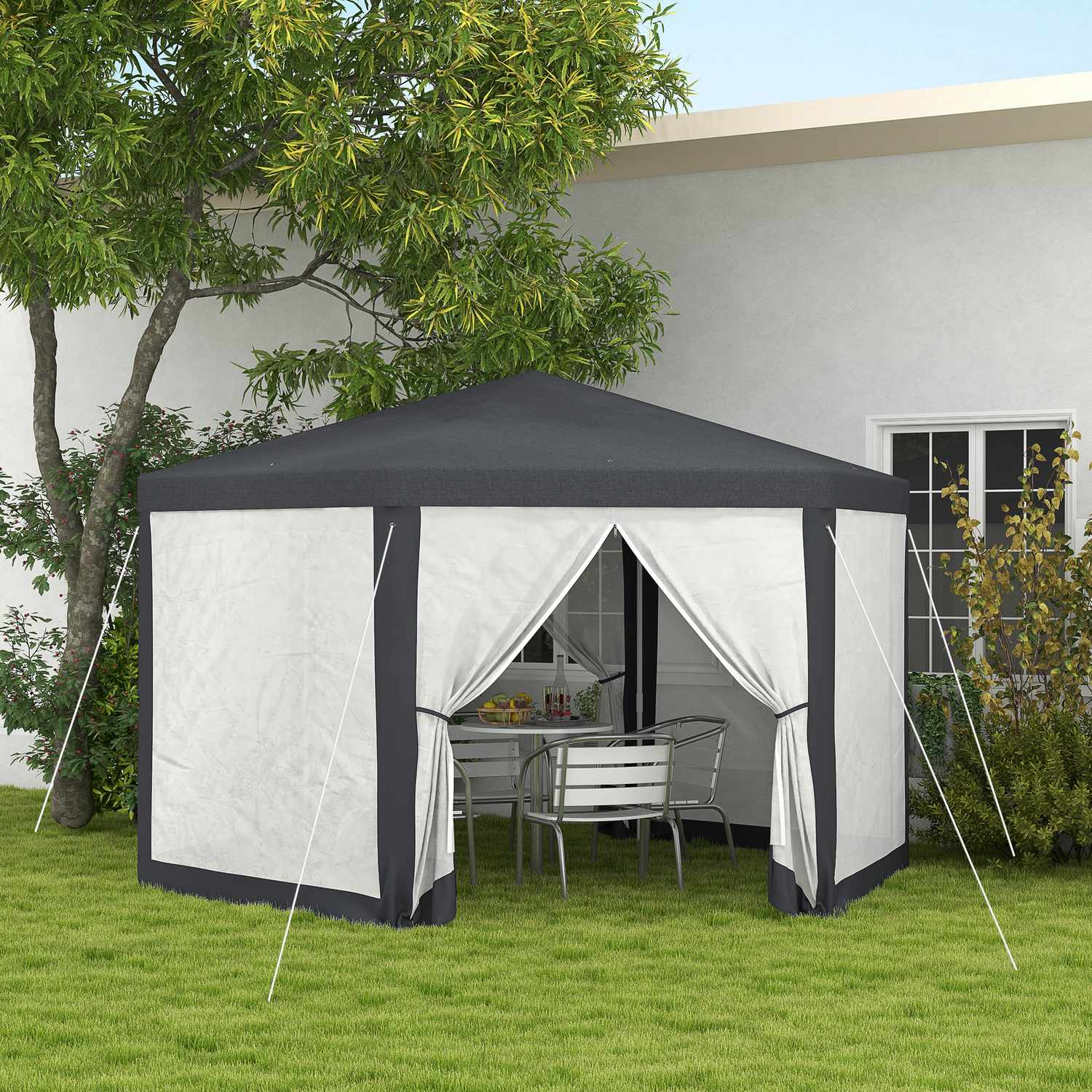 Hexagonal 4x4m paviljong, polyester & metall, med myggnät