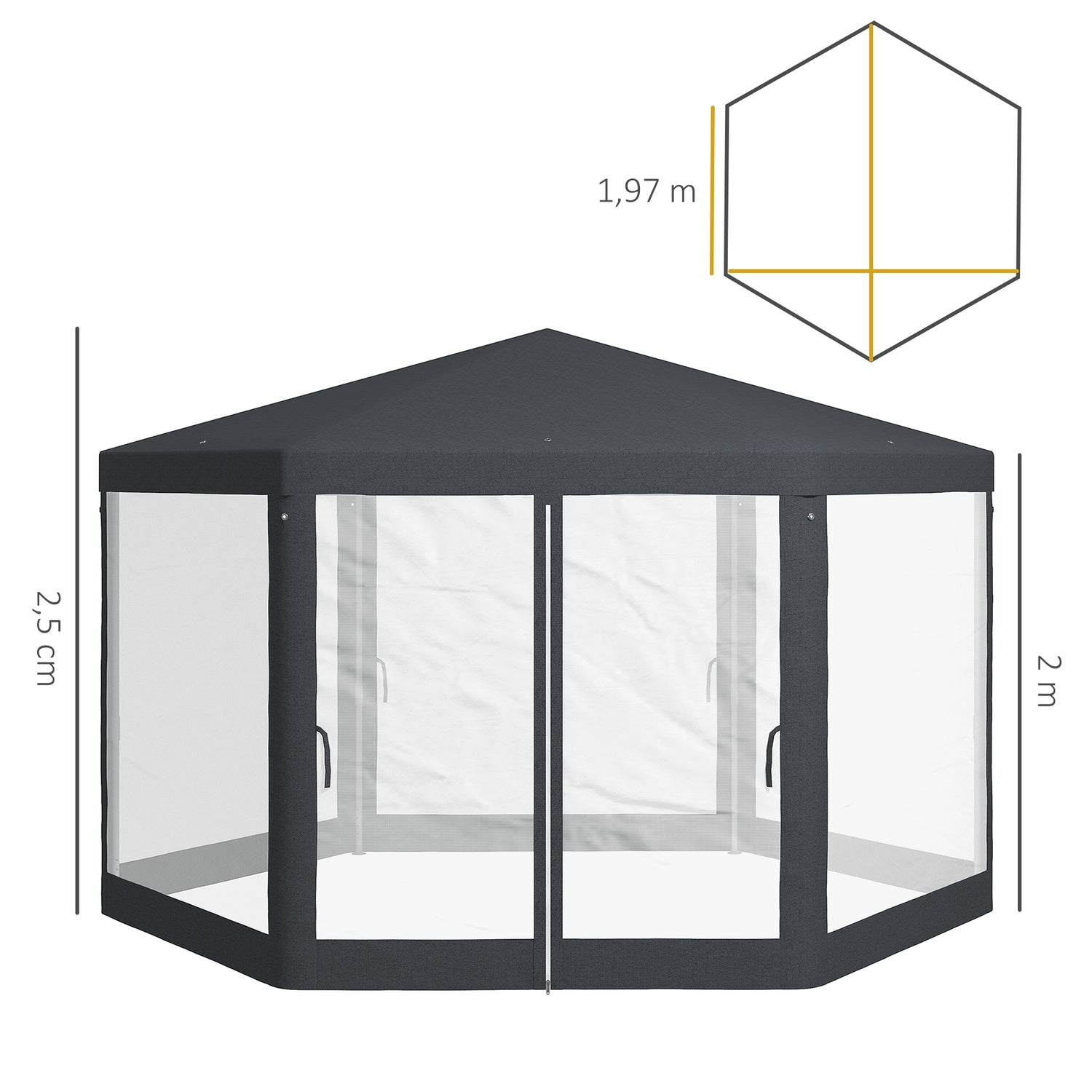 Hexagonal 4x4m paviljong, polyester & metall, med myggnät