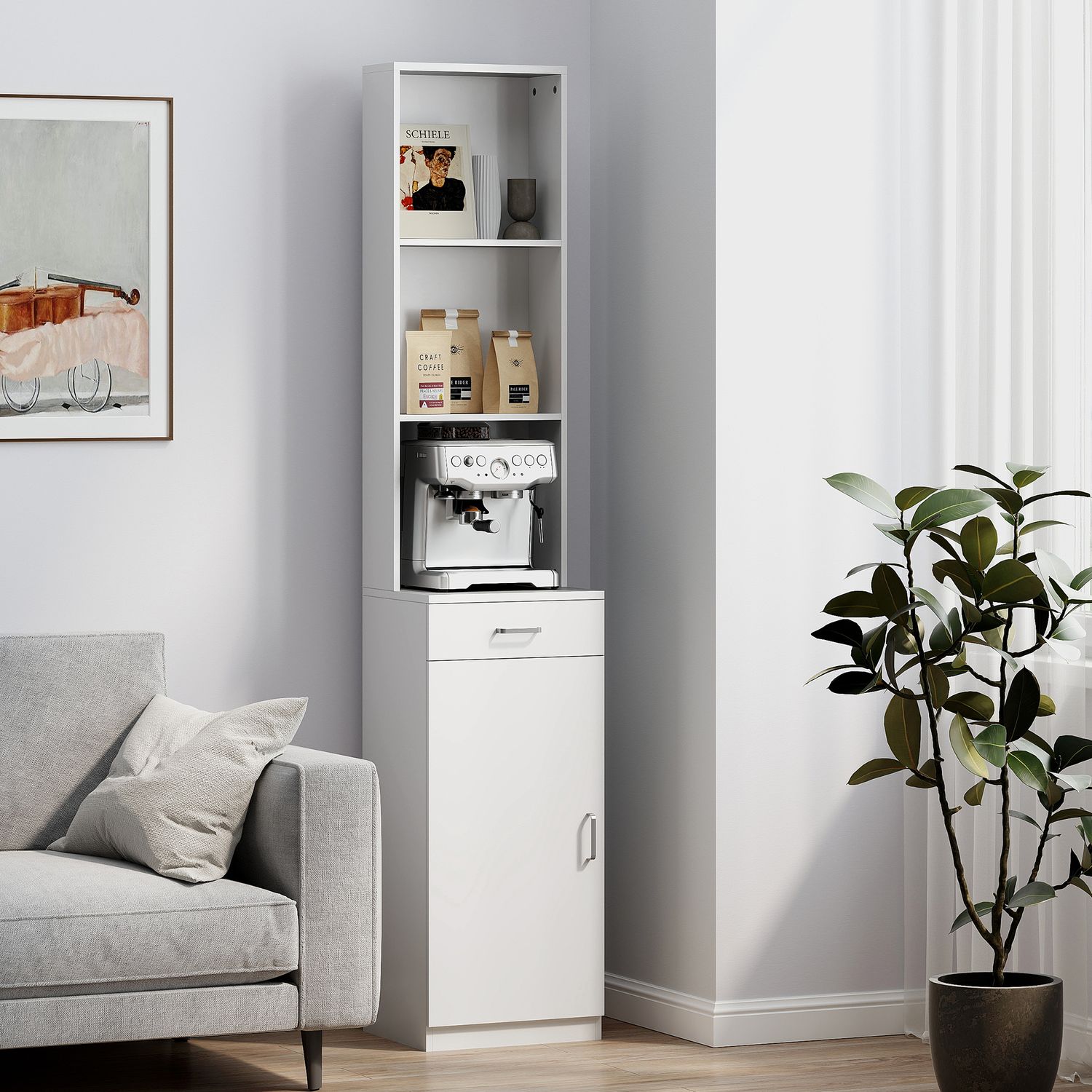 Högt badrumsskåp, slimmad design, låda, hyllor, skåp, spånskiva, vit
