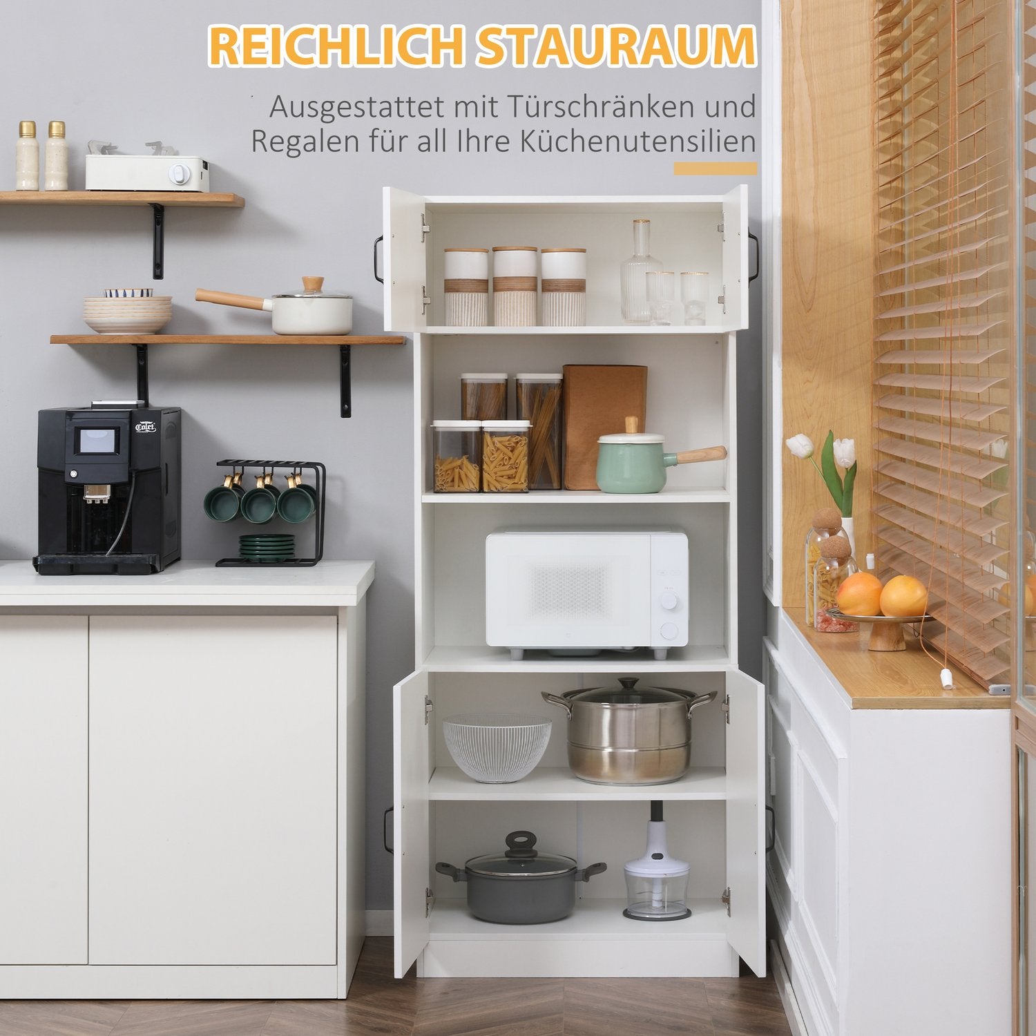 Högt köksbufféskåp, justerbara hyllor, mikrovågsugn