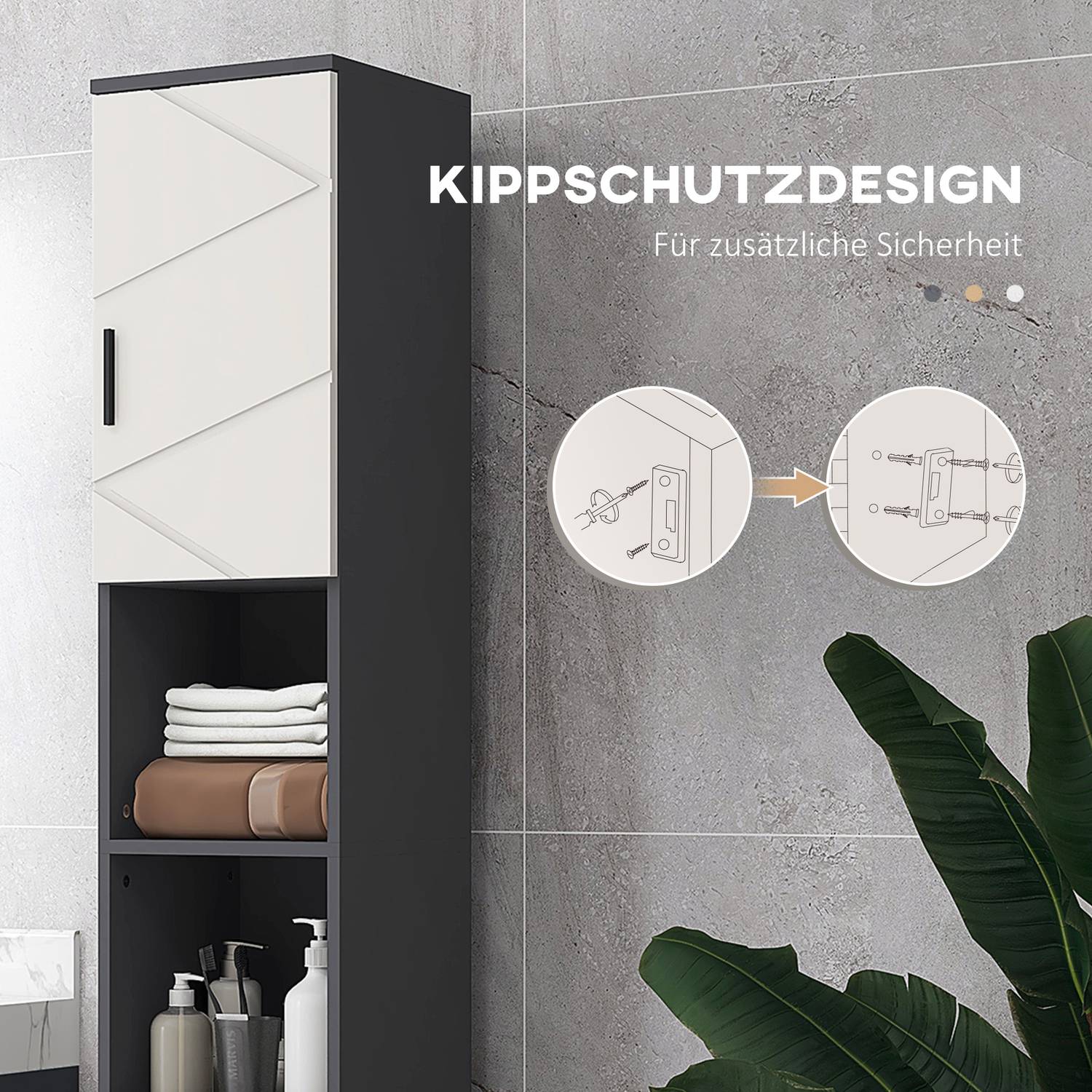 Högt smalt badrumsskåp – justerbar hylla, grå