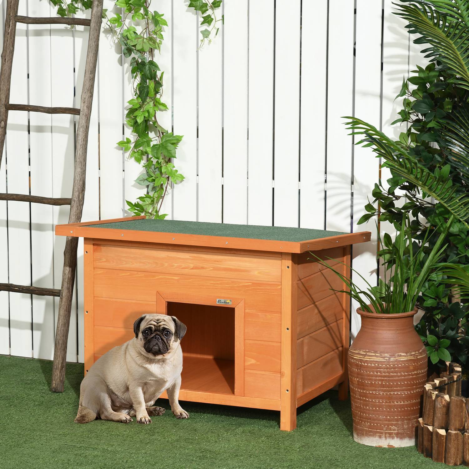 Dog Kennel Mysig Hundgrotta Gjord Av Granträ Med Tak, Perfekt För Hundar Och Katter, 82X58X58 Cm