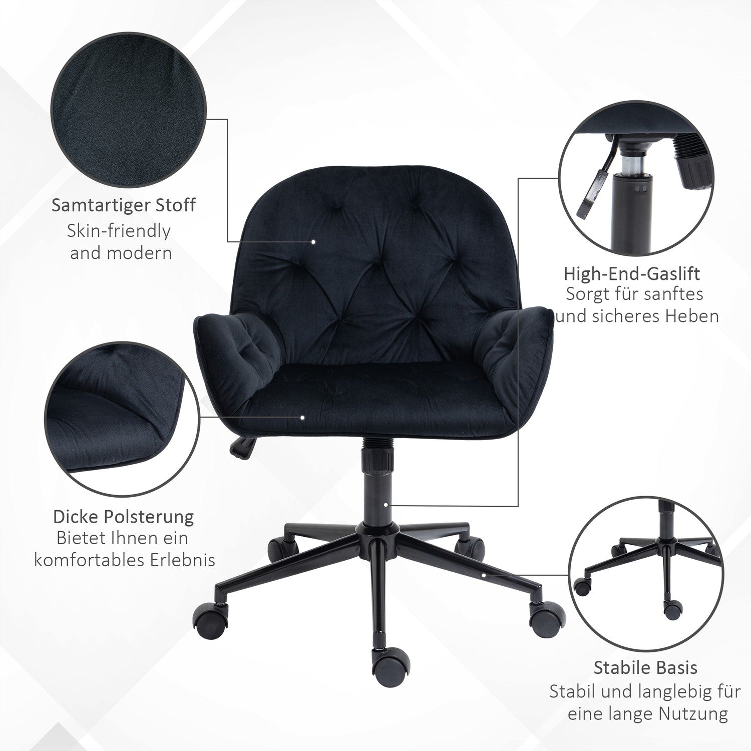 Höjdjusterbar Black Velvet Swivel Skrivbordsstol