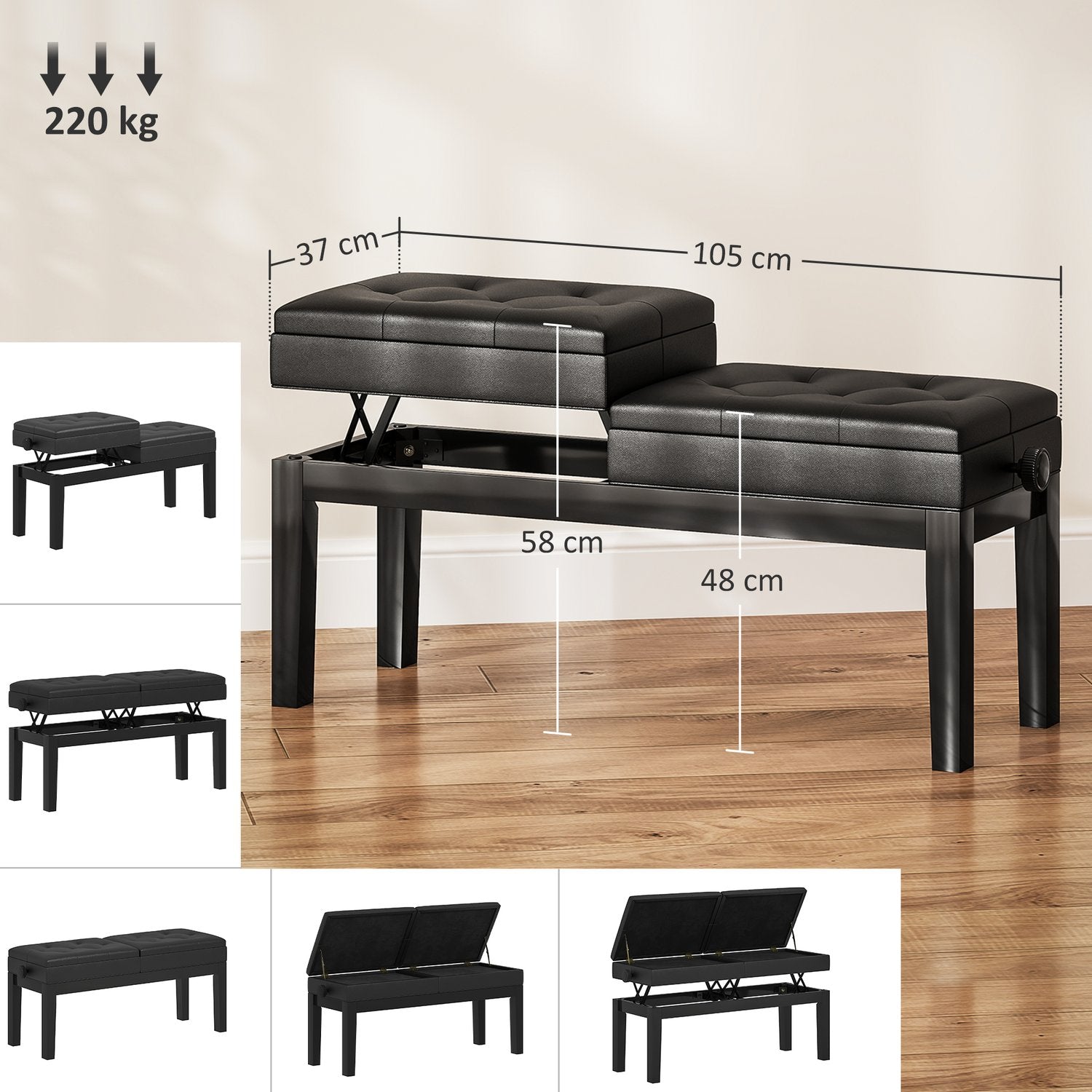 Höjdjusterbar pianobänk, förvaring, svart konstläder