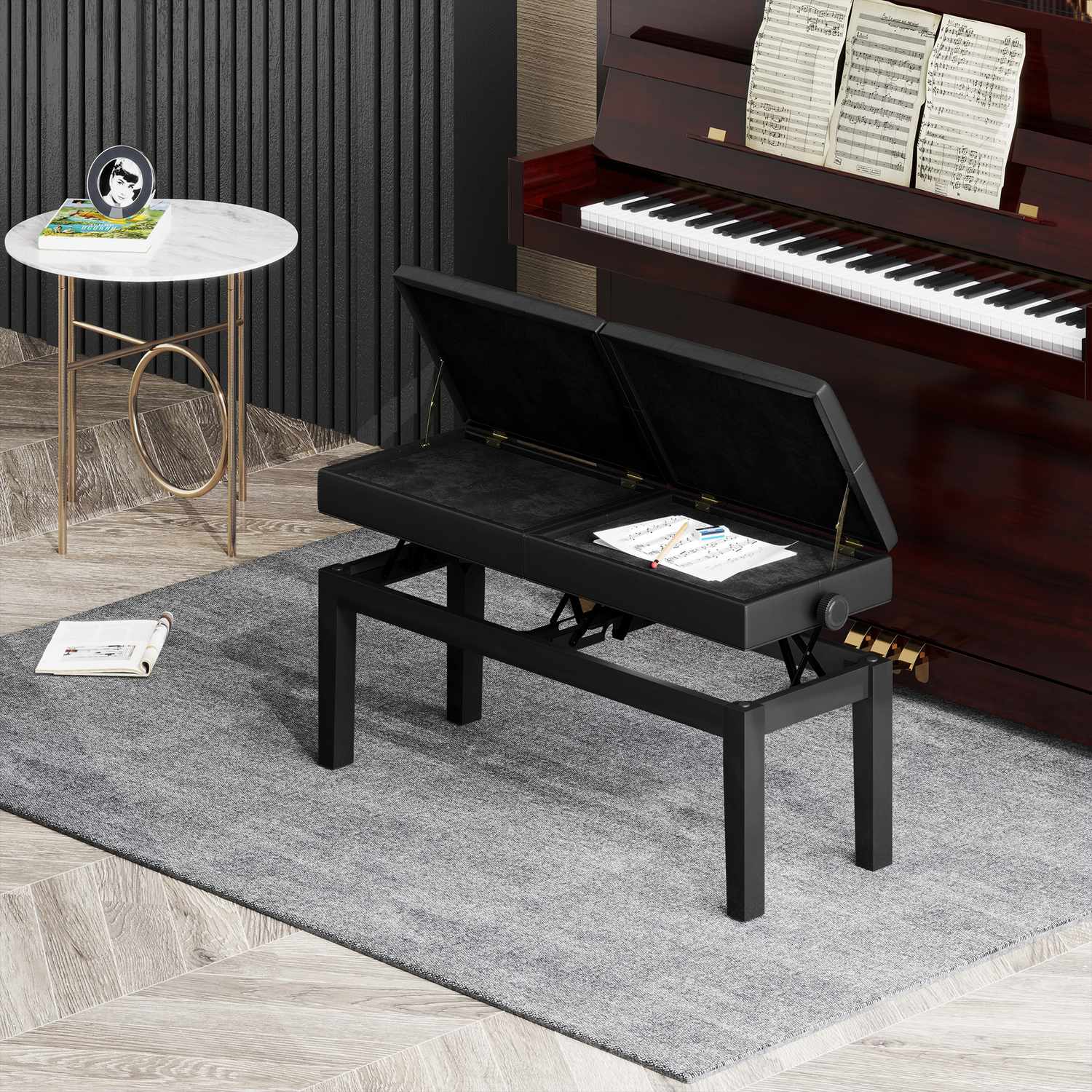 Höjdjusterbar pianobänk, förvaring, svart konstläder