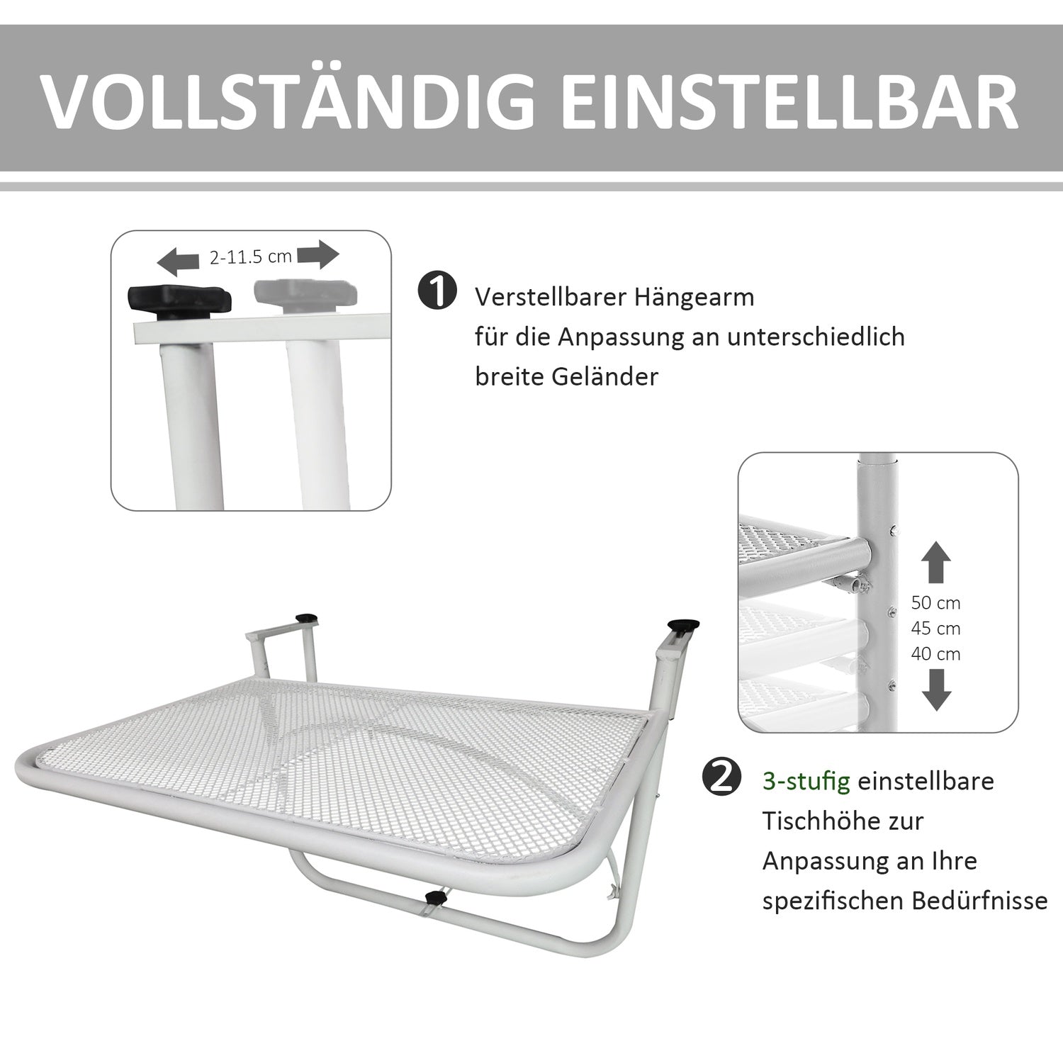 Höjdjusterbart Vitmetall Balkonghängande bord
