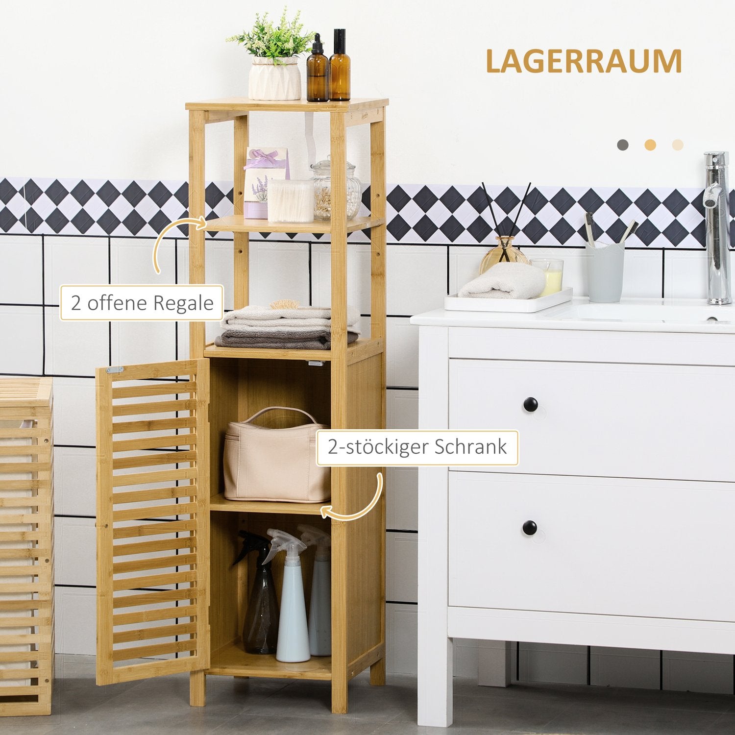 Höjdjusterbart badrumsskåp i bambu, 33x30x120 cm