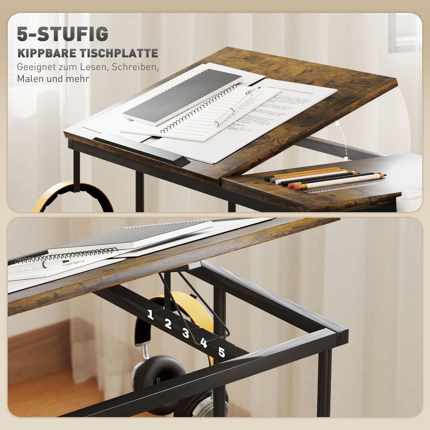 Höjdjusterbart datorbord, 92x40 cm, Rustikbrun