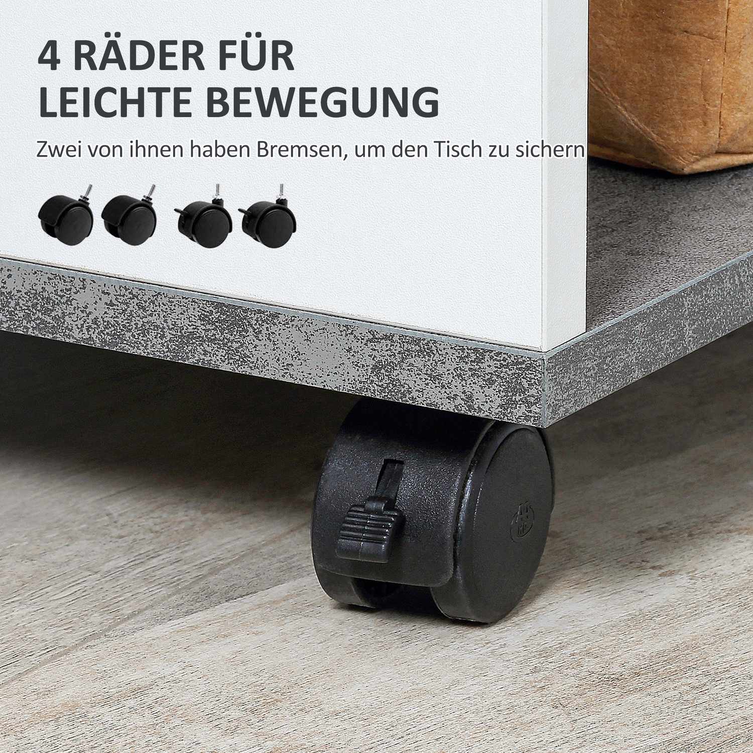 Hjulförsett gråvitt soffbord – Modernt soffbord med 3 hyllplan