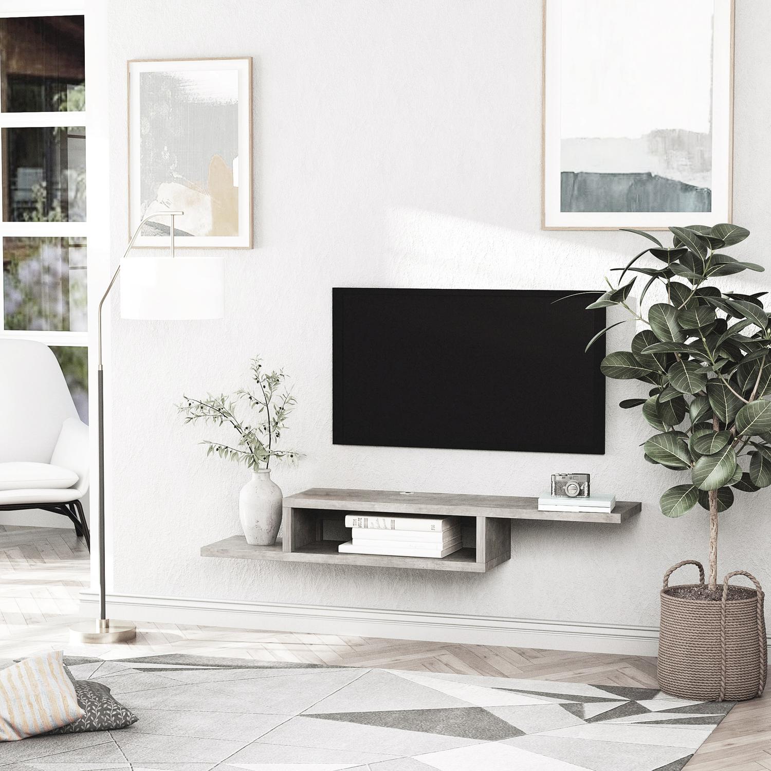 Hängande TV Lowboard; Cementgrå multimediahylla