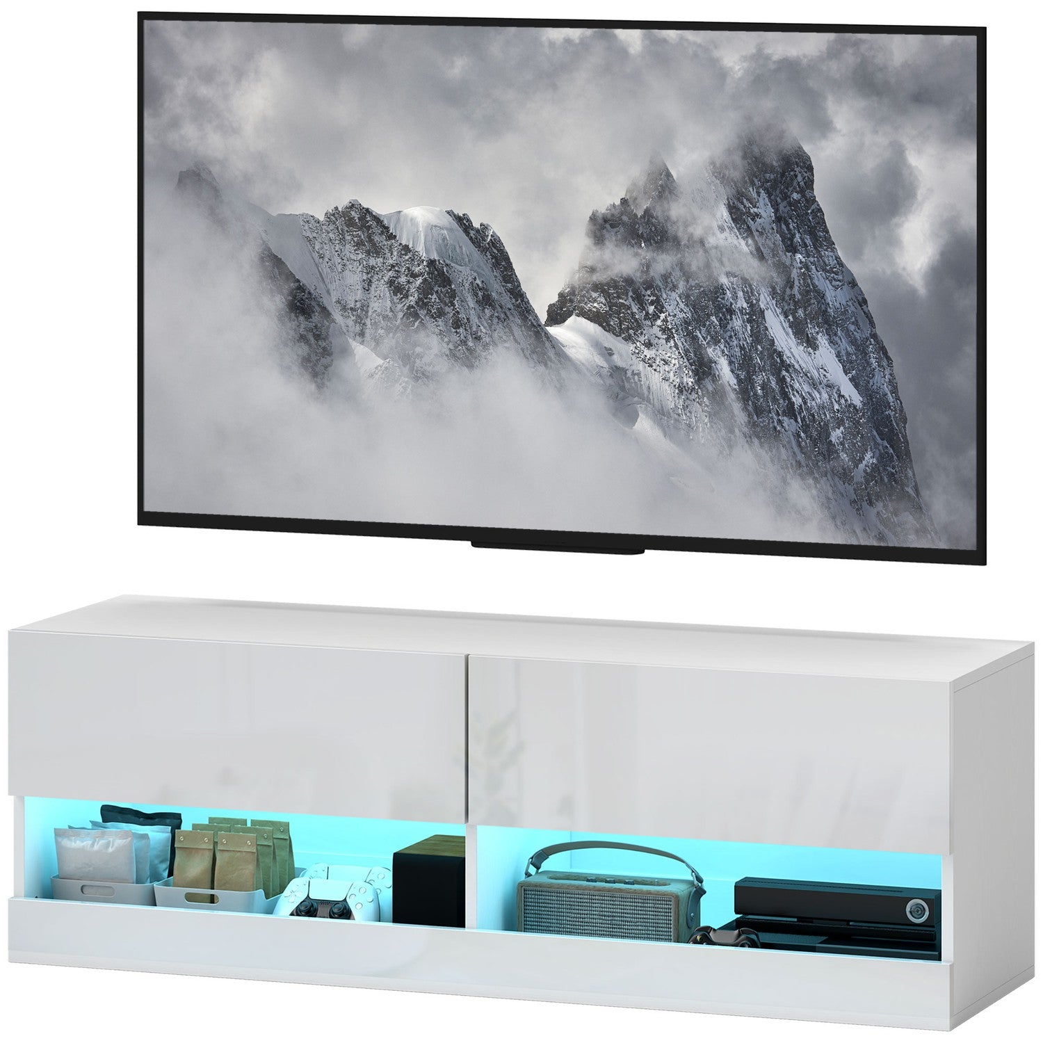 TV-väggskåp med LED-ljus, 16 lägen, glansvit