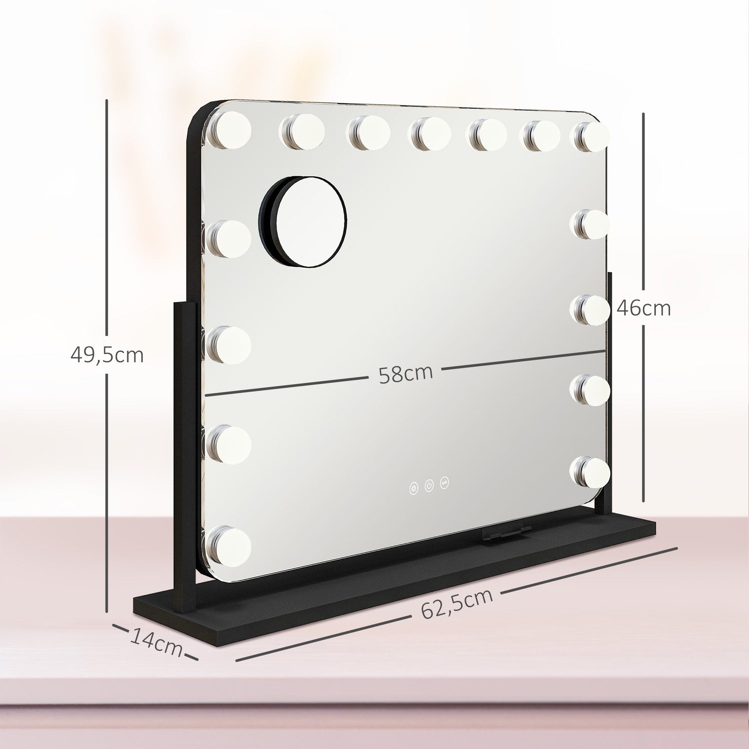 Hollywood sminkspegel med lampor, 15 lysdioder, svart, 3 lägen