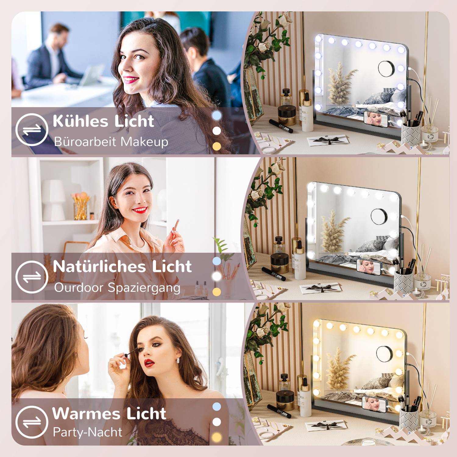 Hollywood sminkspegel med lampor, 15 lysdioder, svart, 3 lägen