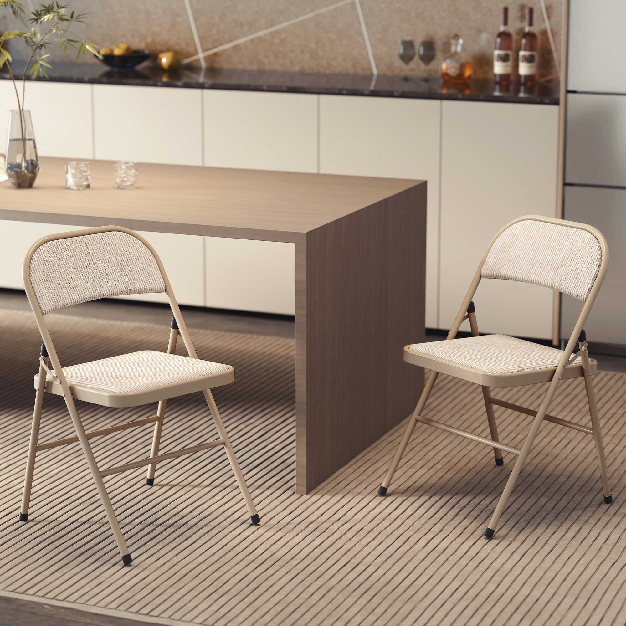 Hopfällbara stolar 2-pack, metallben, linne-look, beige