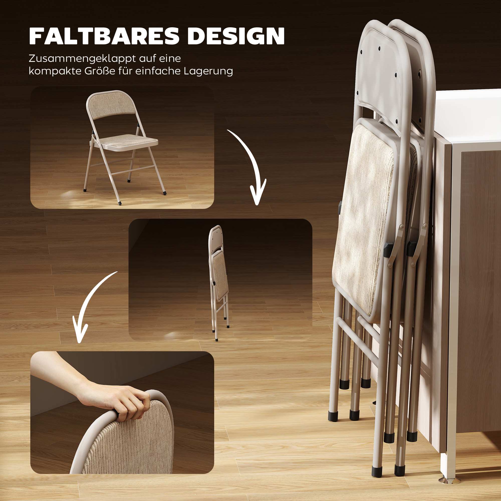 Hopfällbara stolar 2-pack, metallben, linne-look, beige