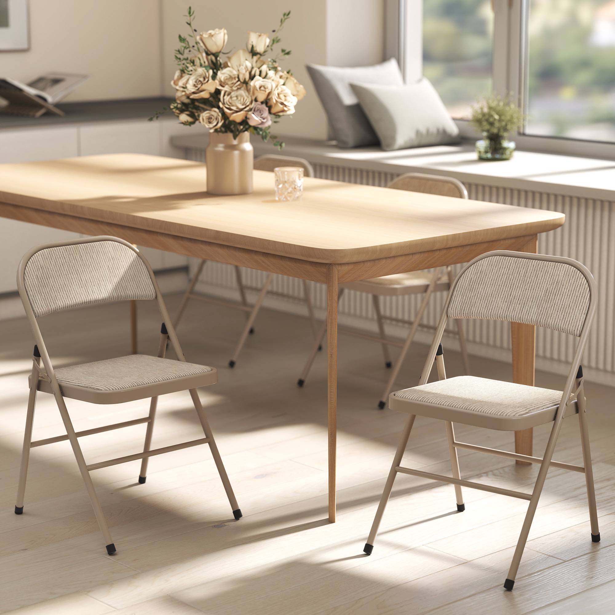 Hopfällbara stolar 2-pack, metallben, linne-look, beige