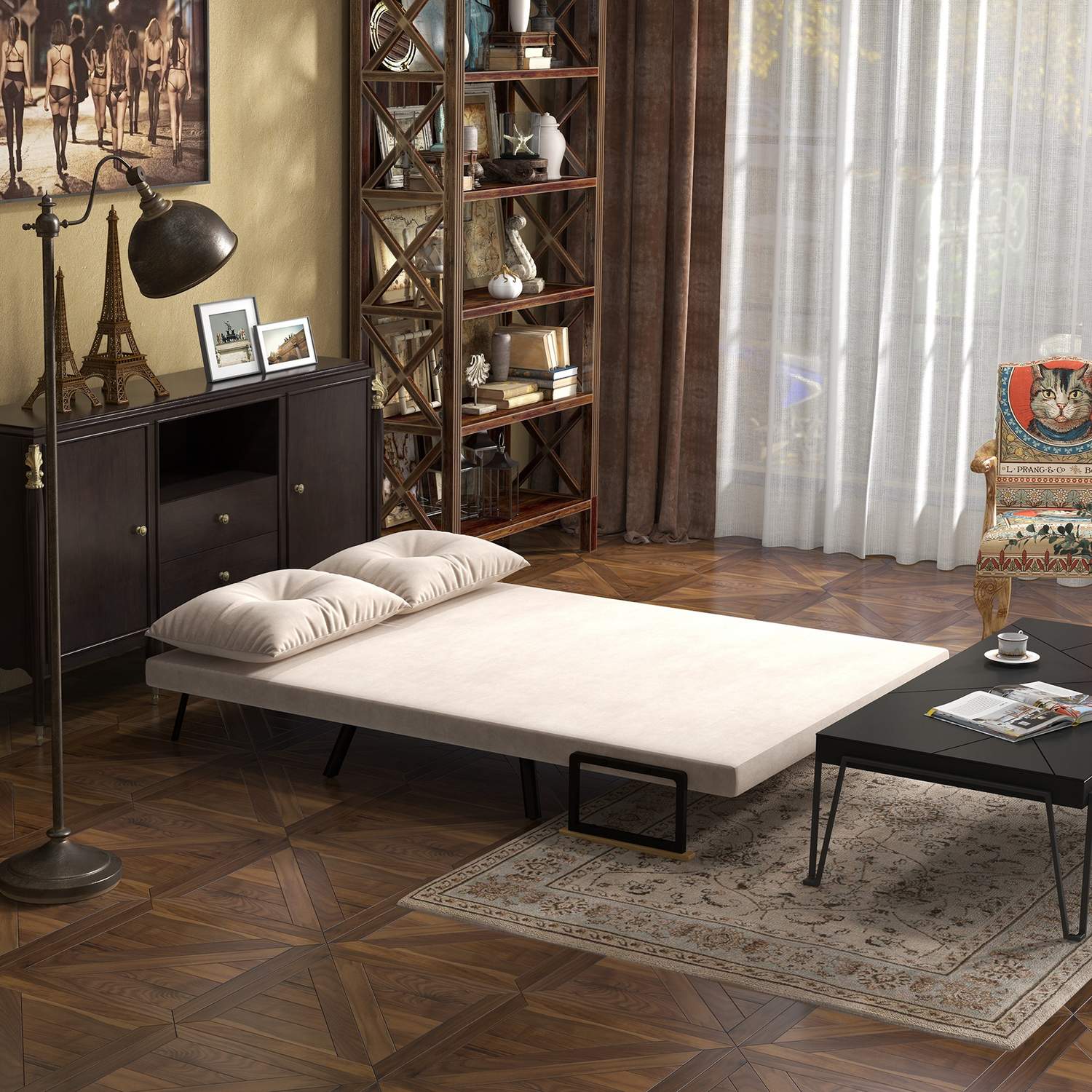 Hopfällbar bäddsoffa i sammetslook, justerbar, beige, 102x73x81 cm