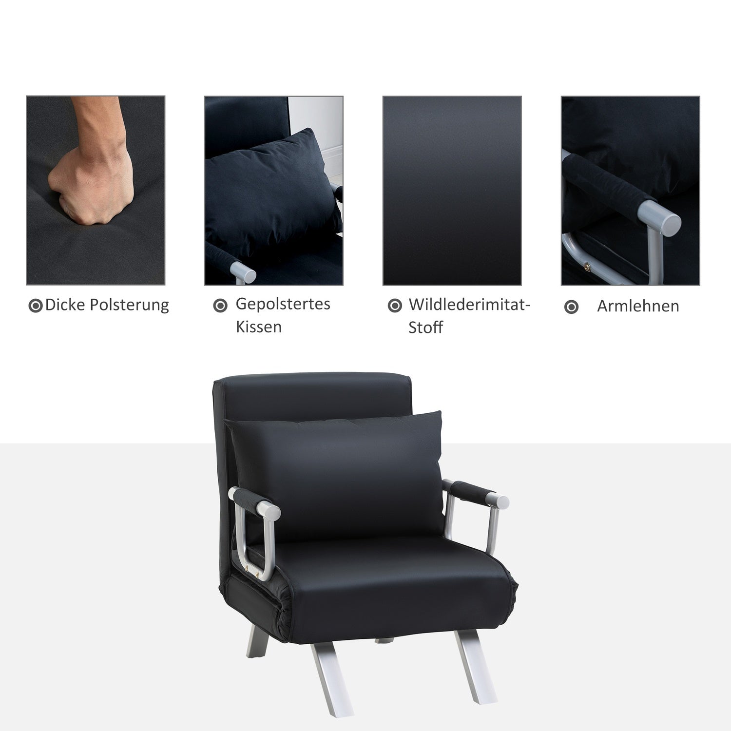 Hopfällbar bäddsoffa stol, svart – justerbar, 120 kg kapacitet