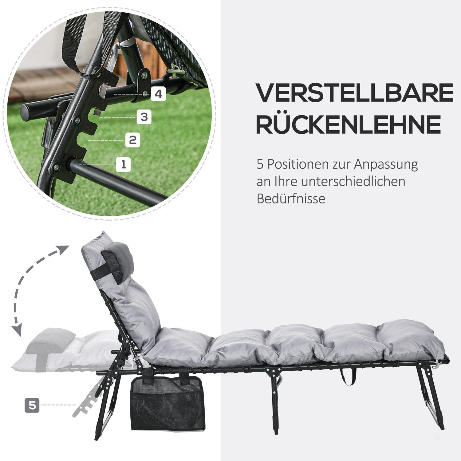 Hopfällbar campingsäng med väska – Justerbar till 120 kg, ljusgrå