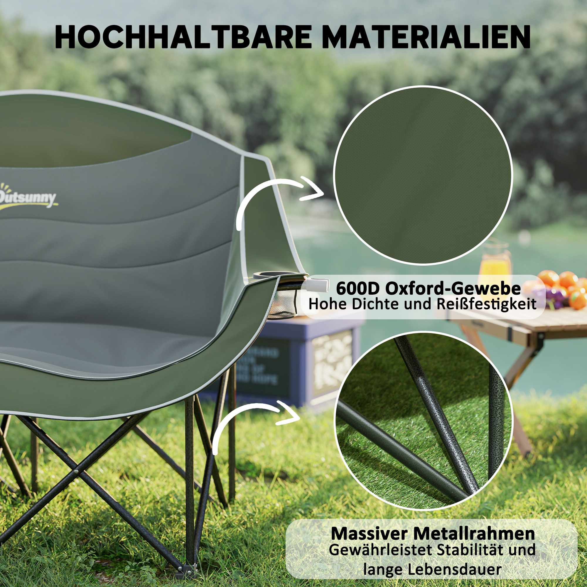 Hopfällbar campingstol med dubbla vadderade säten och mugghållare