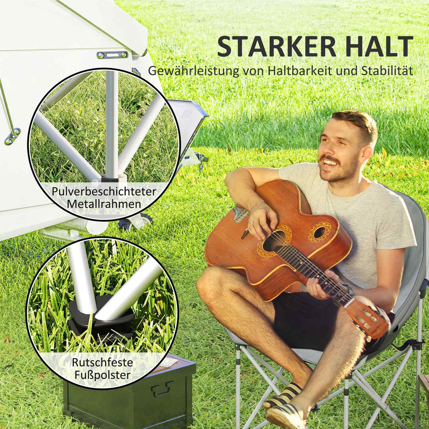 Hopfällbar campingstol med sidficka, lätt, 120 kg kapacitet