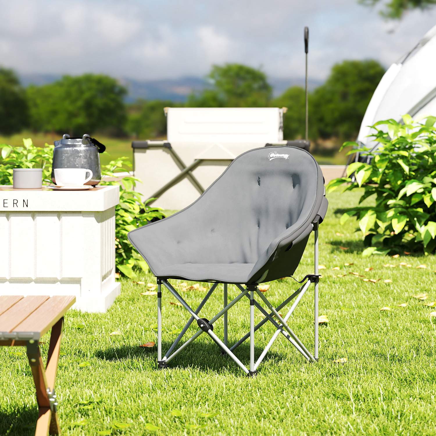 Hopfällbar campingstol med sidficka, lätt, 120 kg kapacitet
