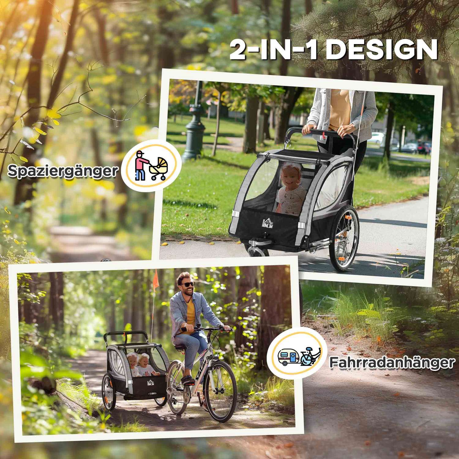 Hopfällbar cykelbarnvagn för 2, 18+ månader, grå