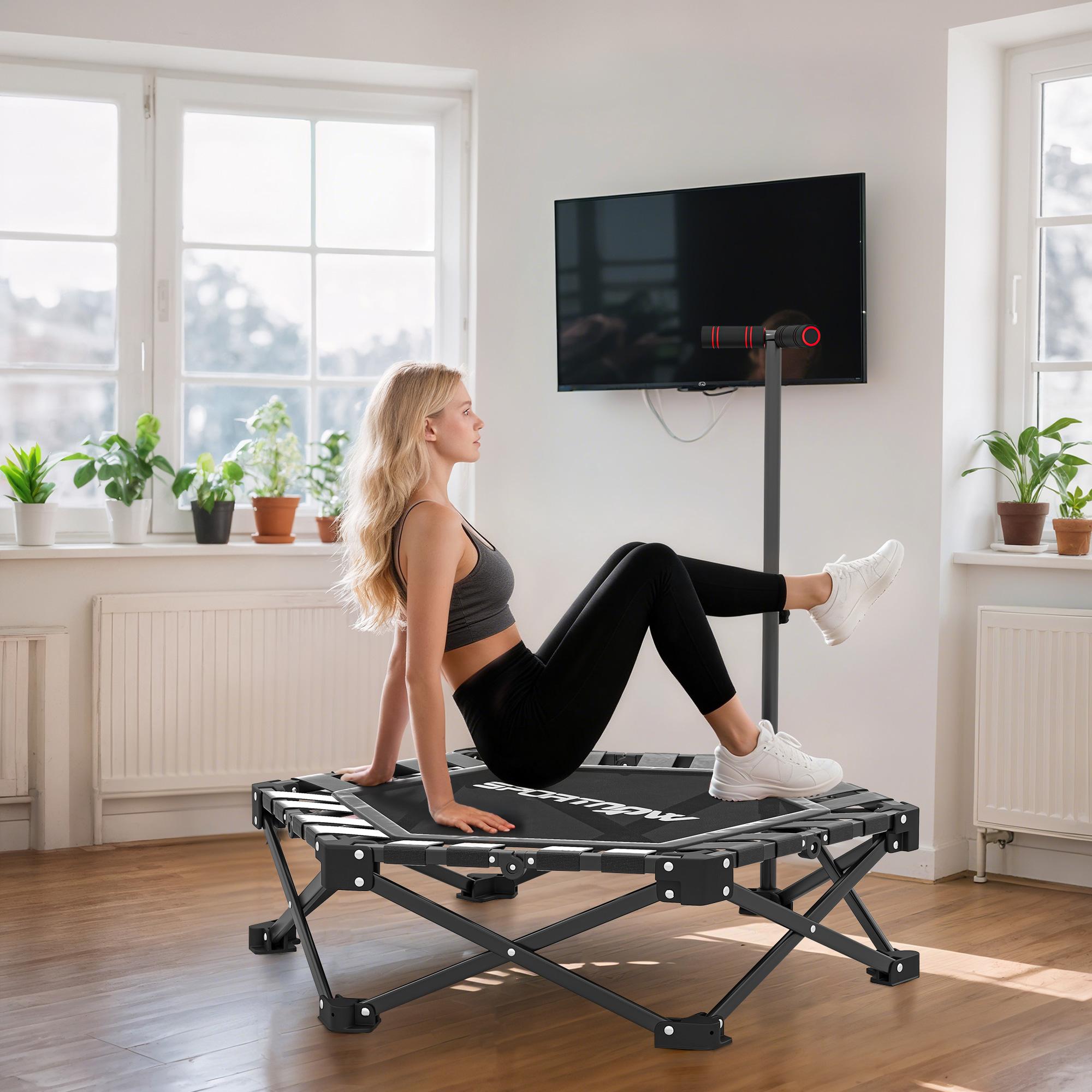Hopfällbar fitnesstrampolin med justerbar T-stång, 120 kg kapacitet
