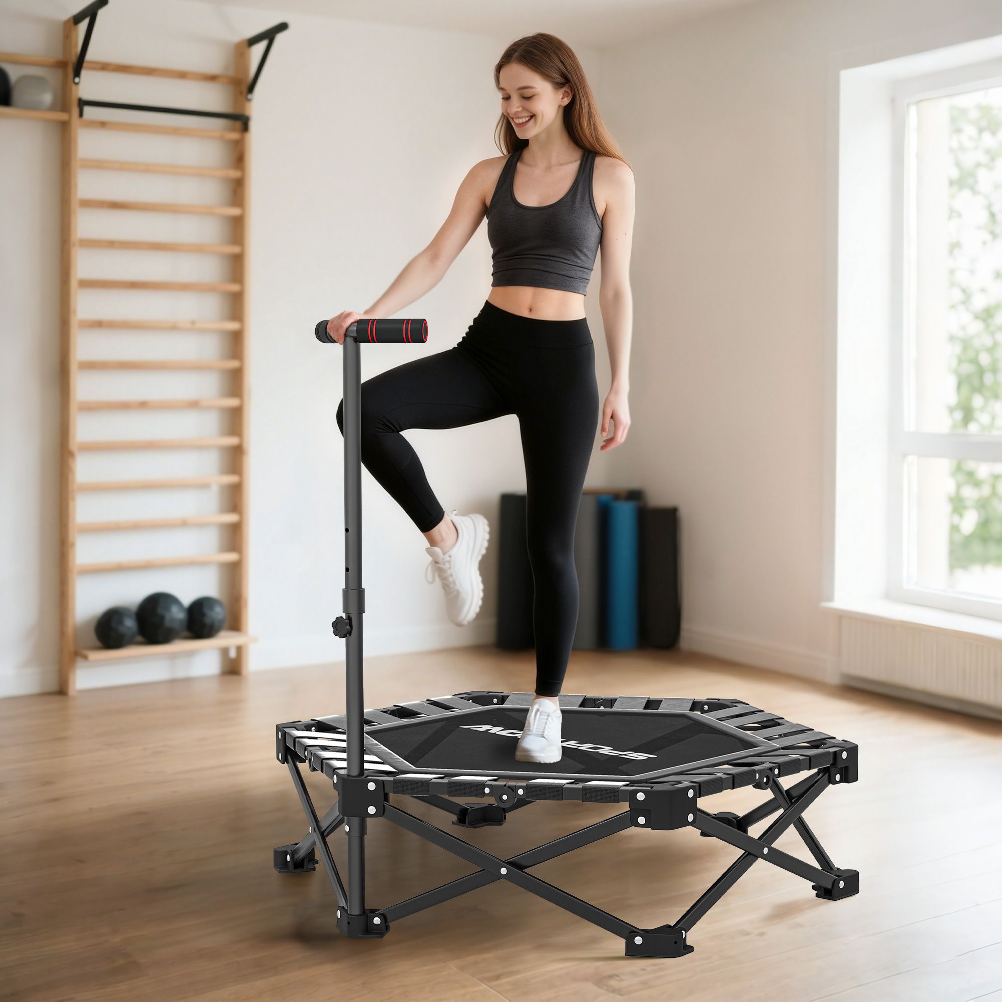 Hopfällbar fitnesstrampolin med justerbar T-stång, 120 kg kapacitet