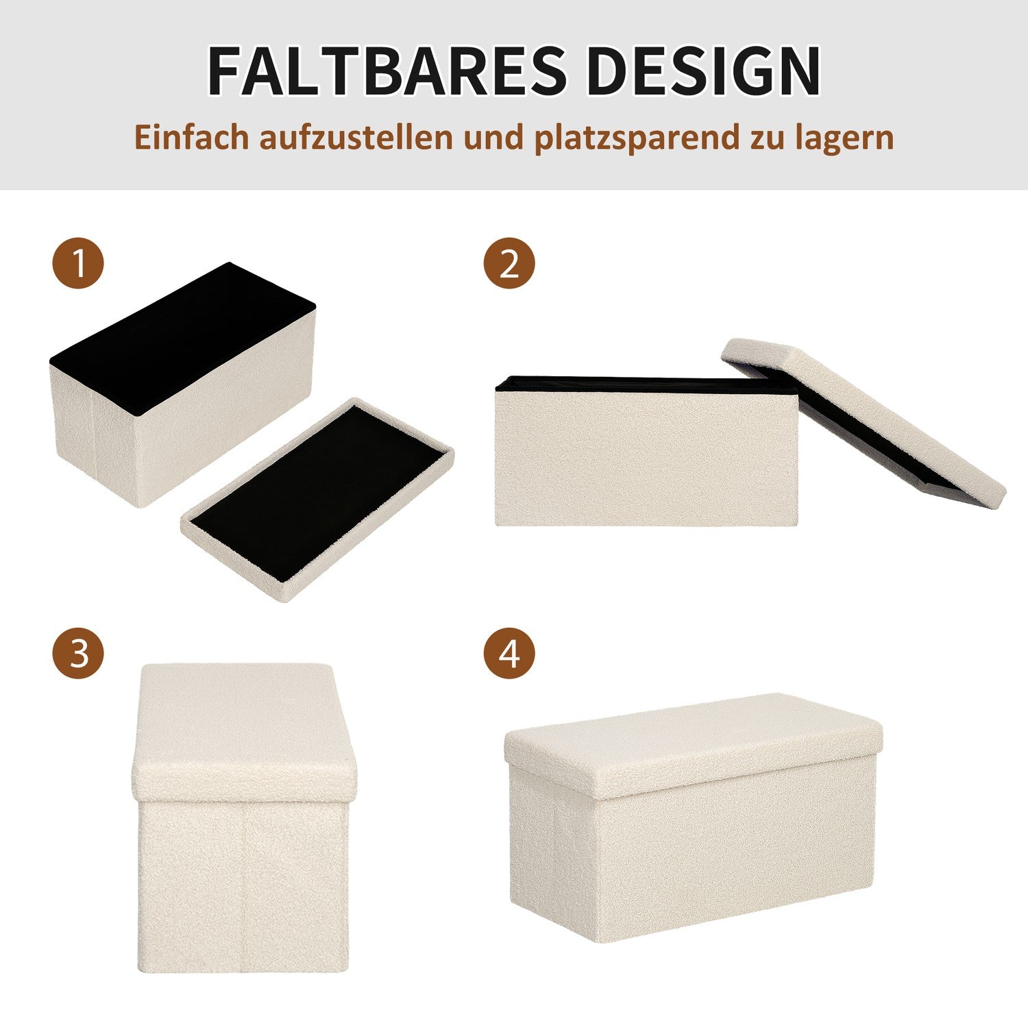 Hopfällbar förvaringsbänk i sammetslook – kräm, 76x38x38 cm